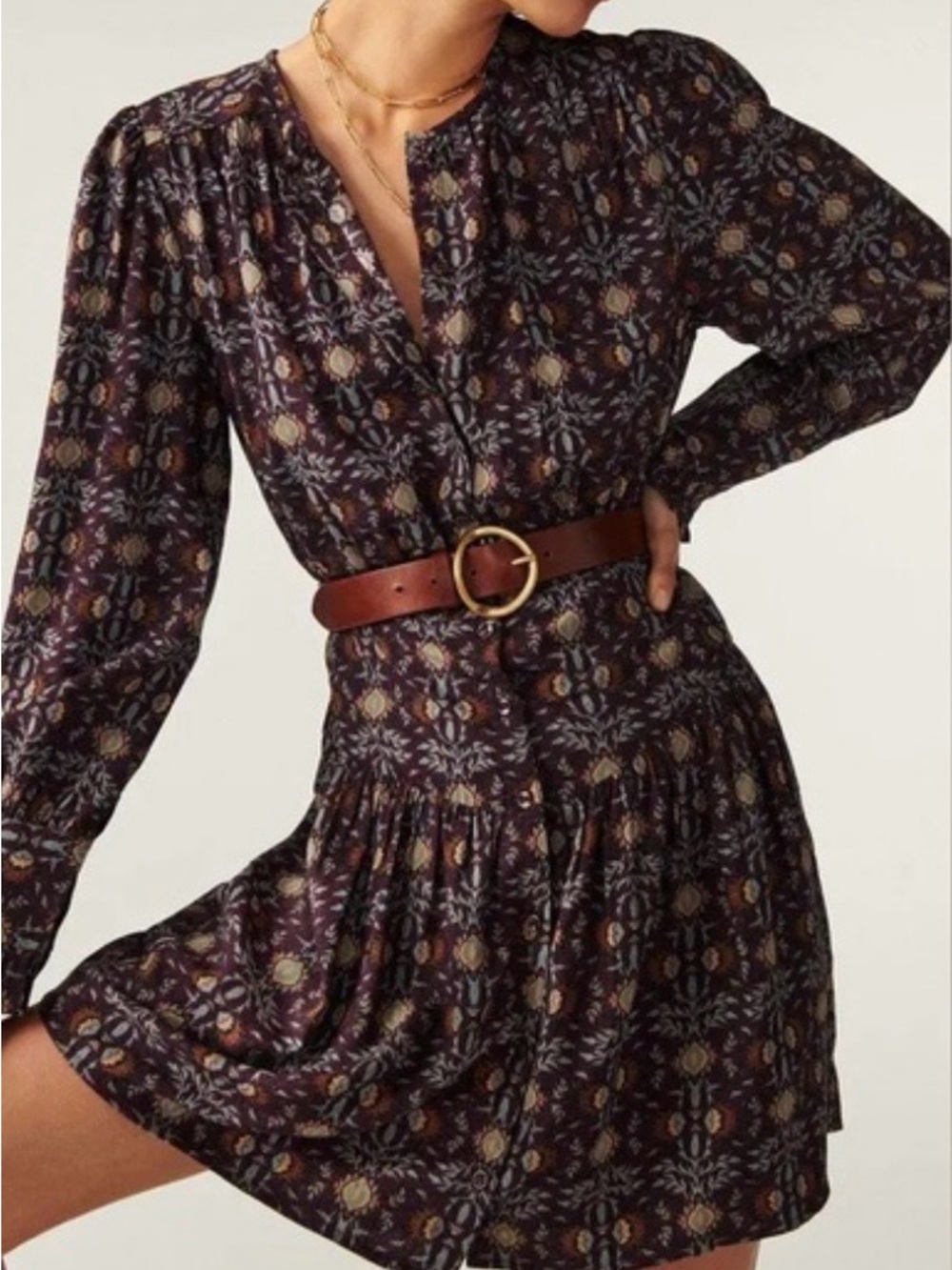NWT ba&sh Tracy Paisley Mini Dress Brown Long Sleeve Button Front Size 2 / US 6